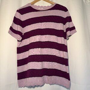 Elle Short Sleeve Eyelet Sweater Womens L Purple Lavender Stripe Scalloped EUC